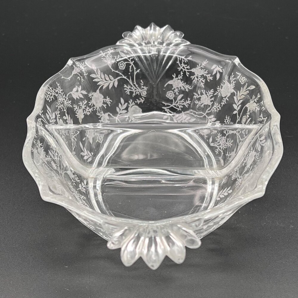 Vintage Fostoria Baroque Navarre Etched Glass Divided Serving Dish Floral Design - Picture 2 of 15
